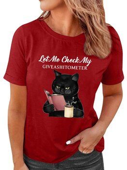 Top On Sale Product Recommendations! Let Me Check My Give A Shit O Meter Letter Print Funny Black Cat Women T-shirt Short Sleeve Summer Loose Graphic Tee T Shirts